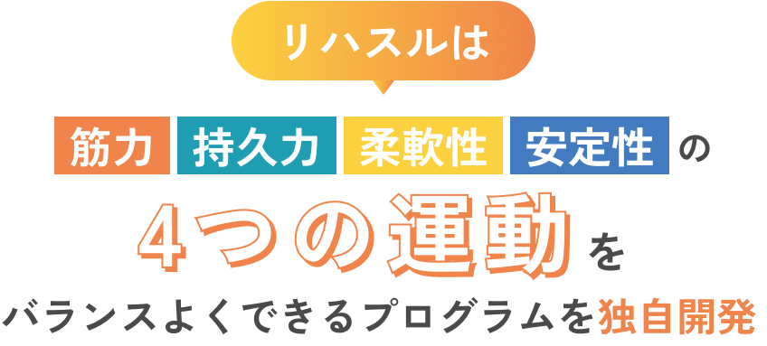 リハスルの運動メニューは、健康維持に必要な「筋力・持久力・柔軟性・安定性」の4つの運動をバランスよくできるプログラムを独自開発